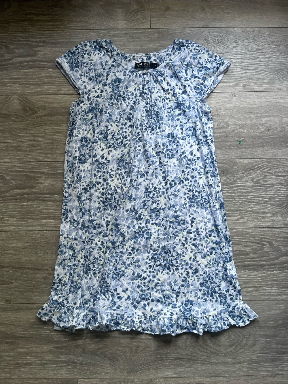Lauren Ralph Lauren Cap Sleeve Blue White Floral Ruffle Hem Preppy Nightgown S